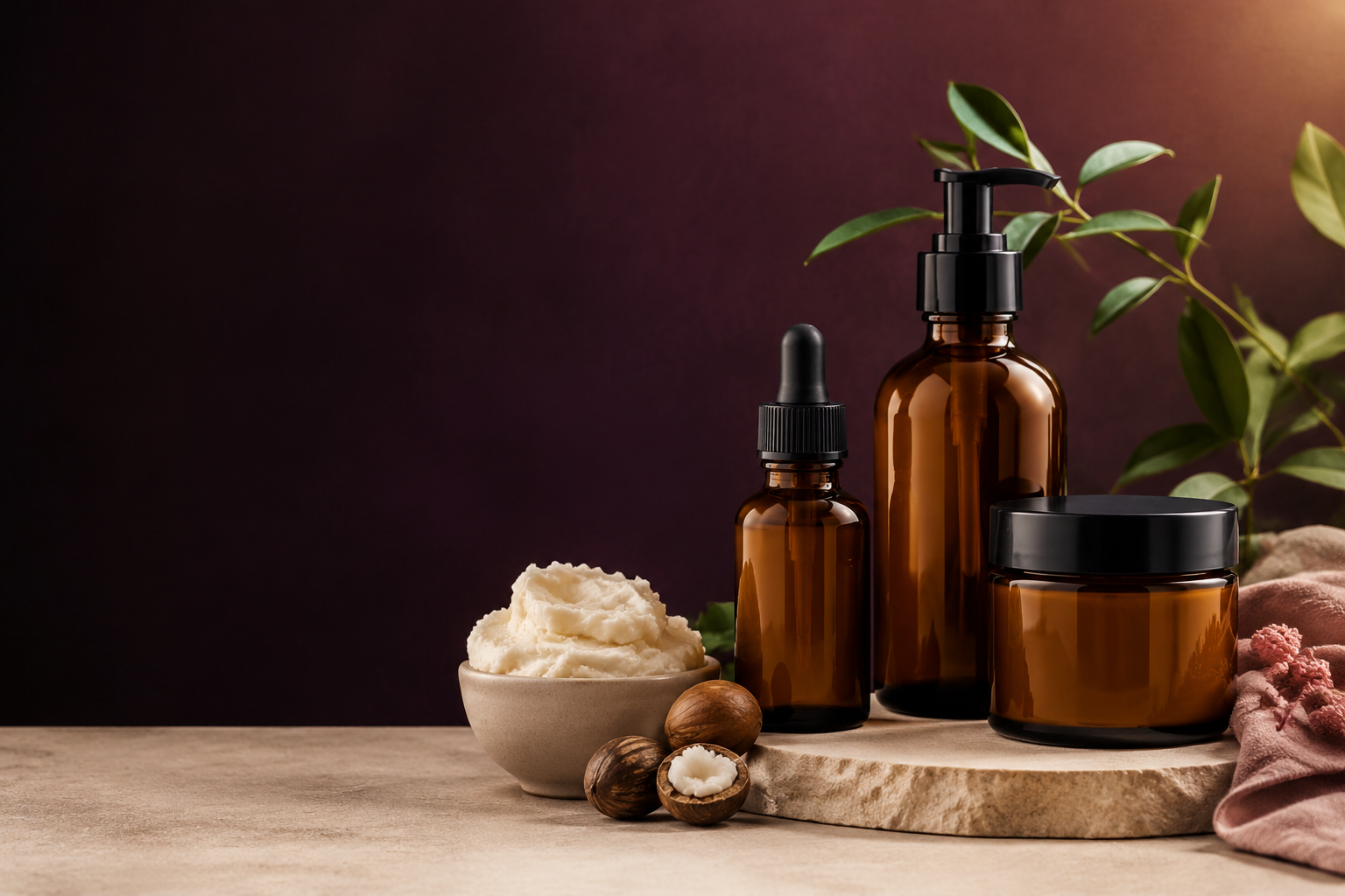 Organic body butter and amber skincare bottles with botanical ingredients